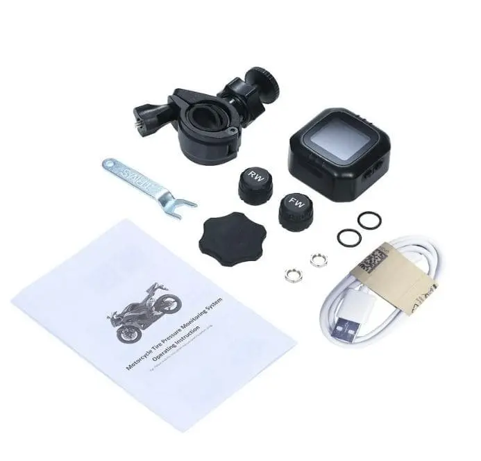 Một bộ cảm biến áp suất lốp xe máy TPMS gồm những phụ kiện như ảnh